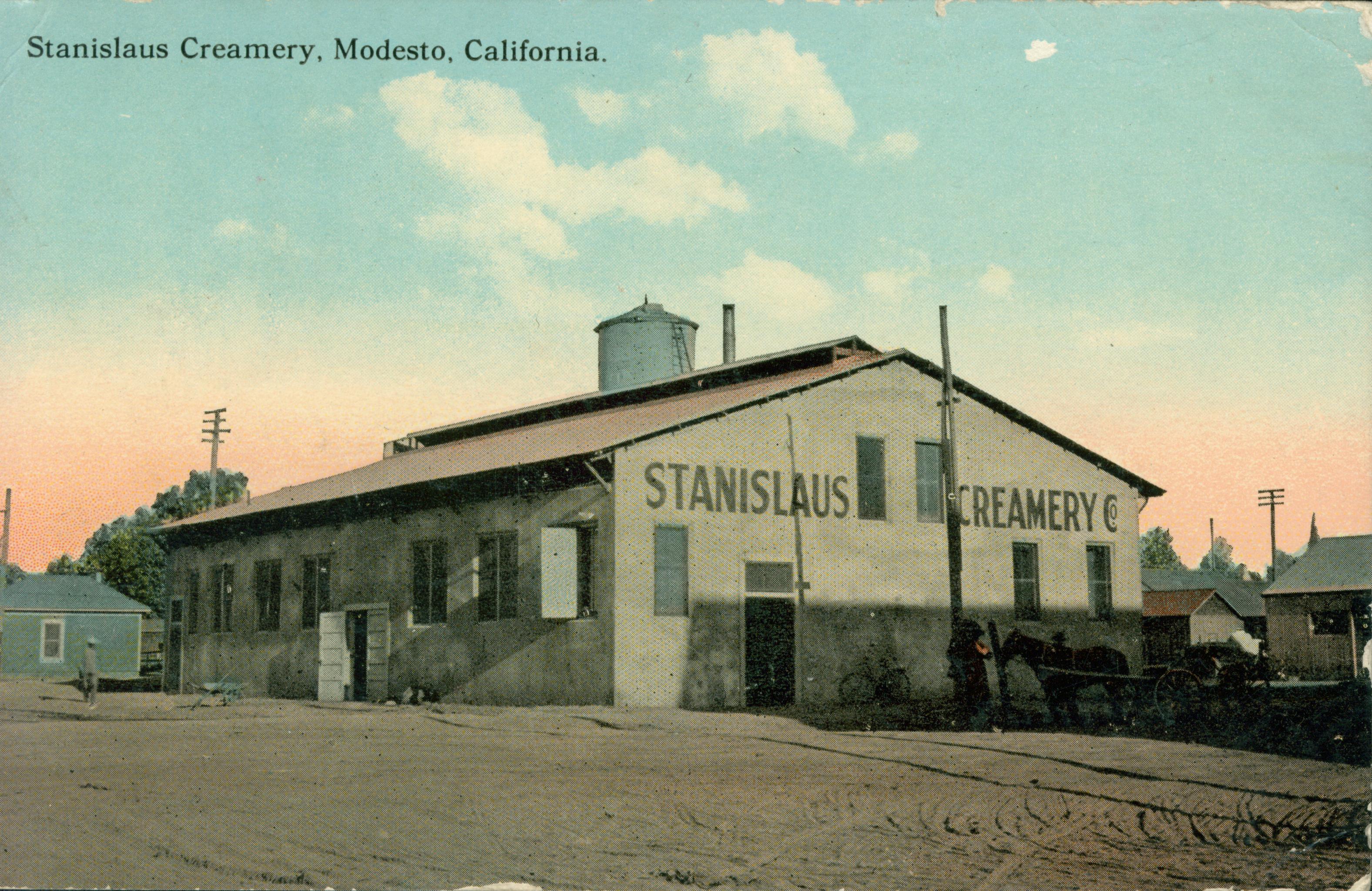 Shows a corner view of the Stanislaus Creamery